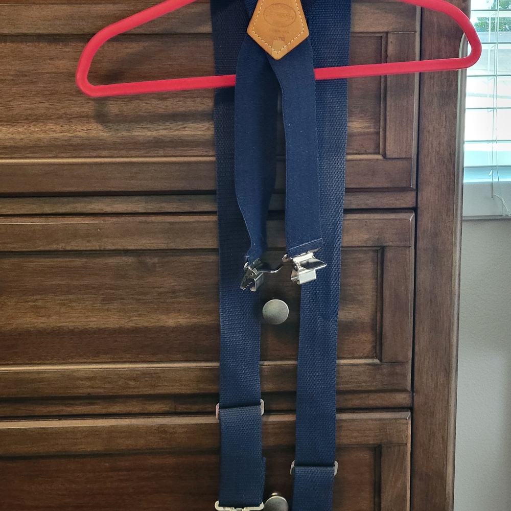 NICHOLAS Dark Blue Suspenders with Leather Accent